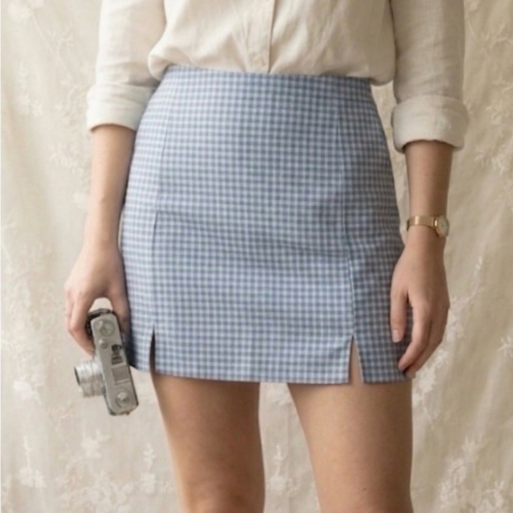 Brandy Melville Light Blue Gingham Mini Skirt with Front Slits